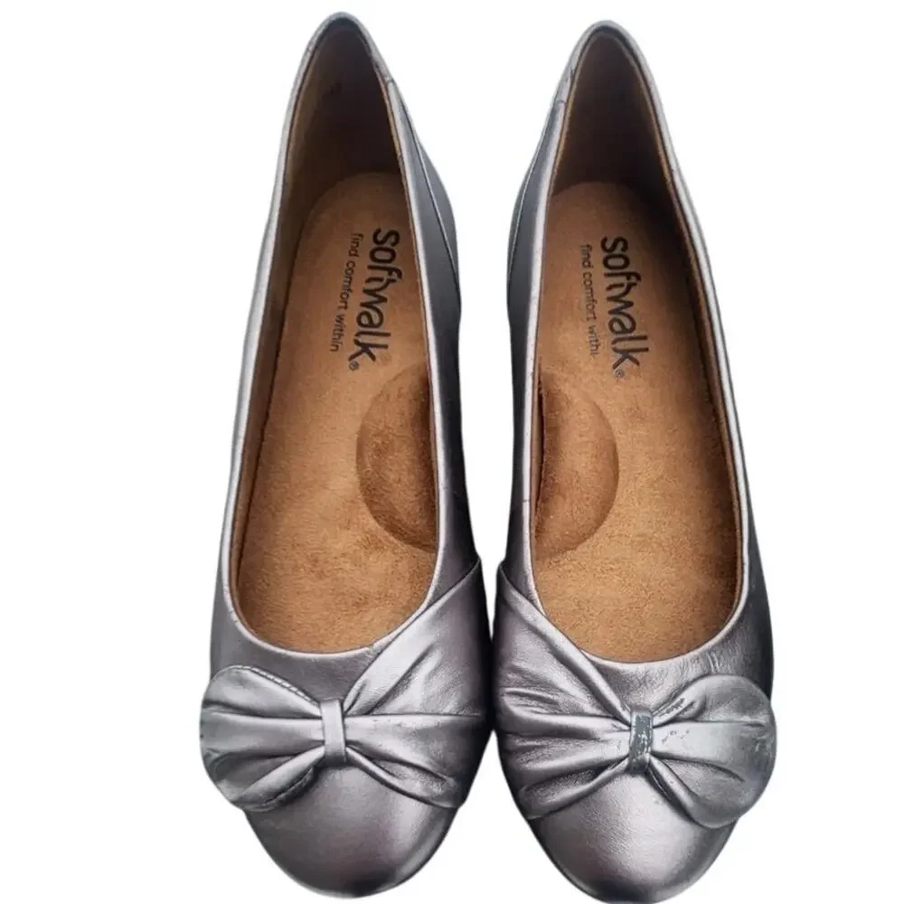 SoftWalk Metallic Ballet Flats 9.5 Womens Bow Comfort Cushioned Slip On Shoes